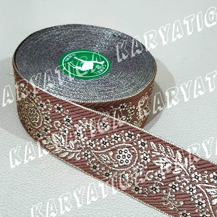 Pita Gamis Motif Daun Lebar 4 cm - Coklat Tua (17 Yard)