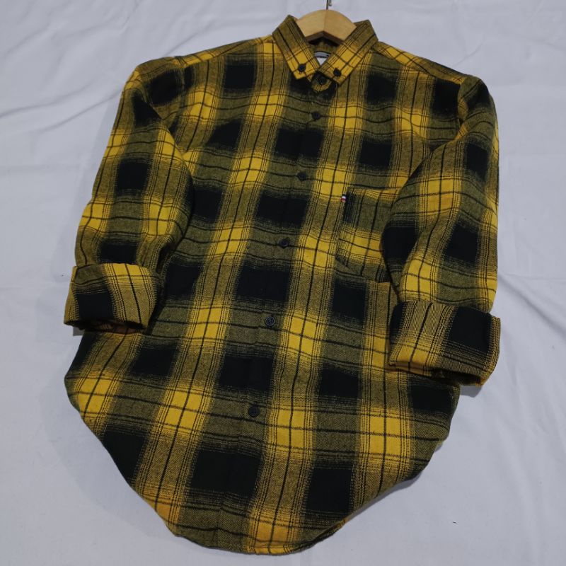 Kemeja flanel pria unisek flanel wanita panjang kotak-kotak kualitas impor bisa pilih motif-Best seller kuning