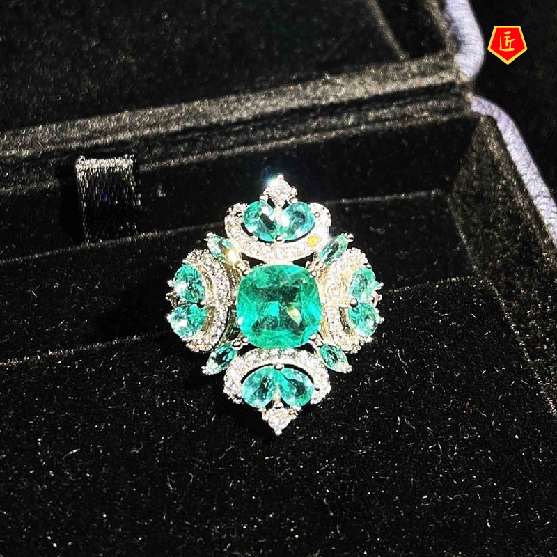 [Ready Stock]Elegant Micro-Inlaid Full Diamond Natural Palaiba Green Rhinestone Ring