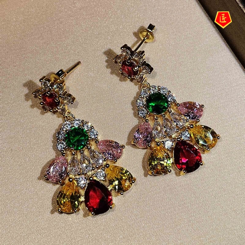 [Ready Stock]Light Luxury Long Fashion Retro Colored Gems Earrings