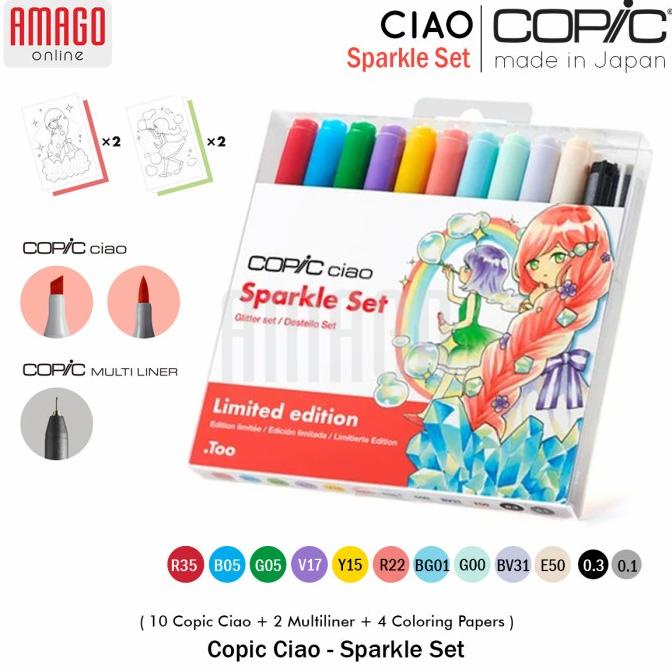 

COPIC CIAO SPARKLE SET - 10 CIAO - 2 MULTILINER BONUS KERTAS MEWARNAI ---READY---