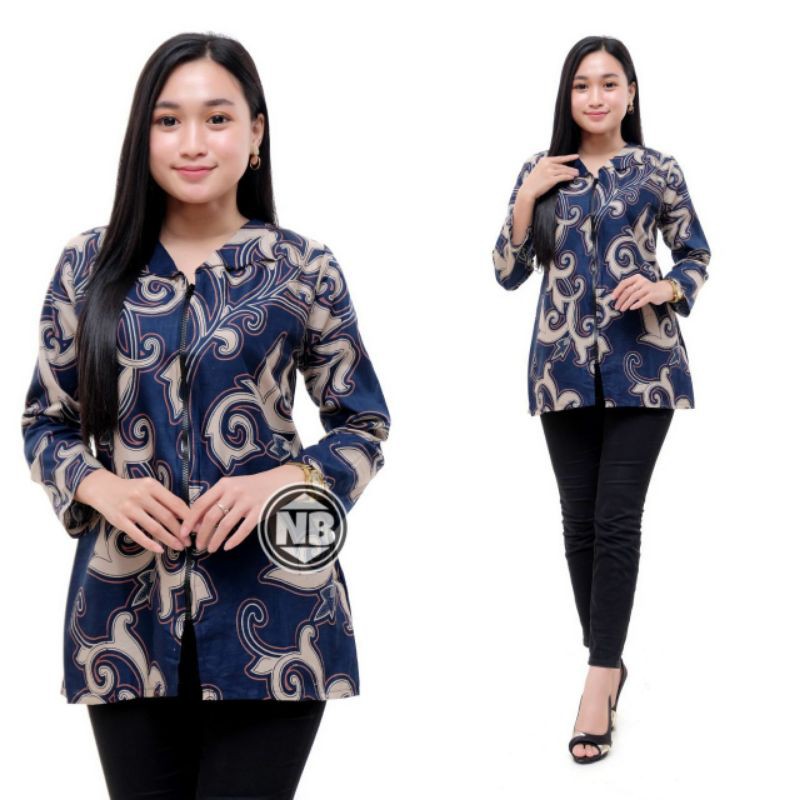 Batik wanita ASJ SA HRB026 Kenongo Kemeja Tosca Pendek-kangkung navi zipper