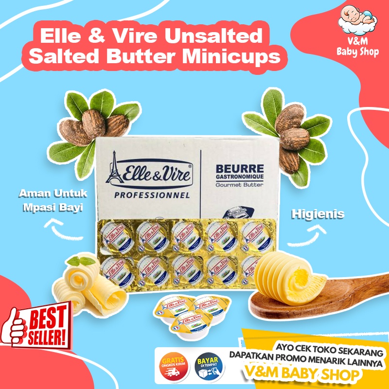 VnM009BP | Elle &amp; Vire Unsalted Salted Butter Minicups / Mentega Mpasi Bayi Sehat / Butter Mpasi Bayi / Bahan Mpasi Bayi Organik / Perlengkapan Mpasi Bayi