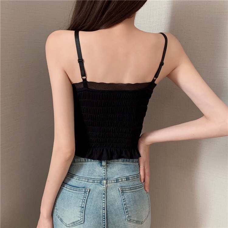 DODORY BRA518 Tanktop V-Neck Crop Renda Crinkle Dengan Busa Bra Tanpa Kawat Singlet Casual OOTD