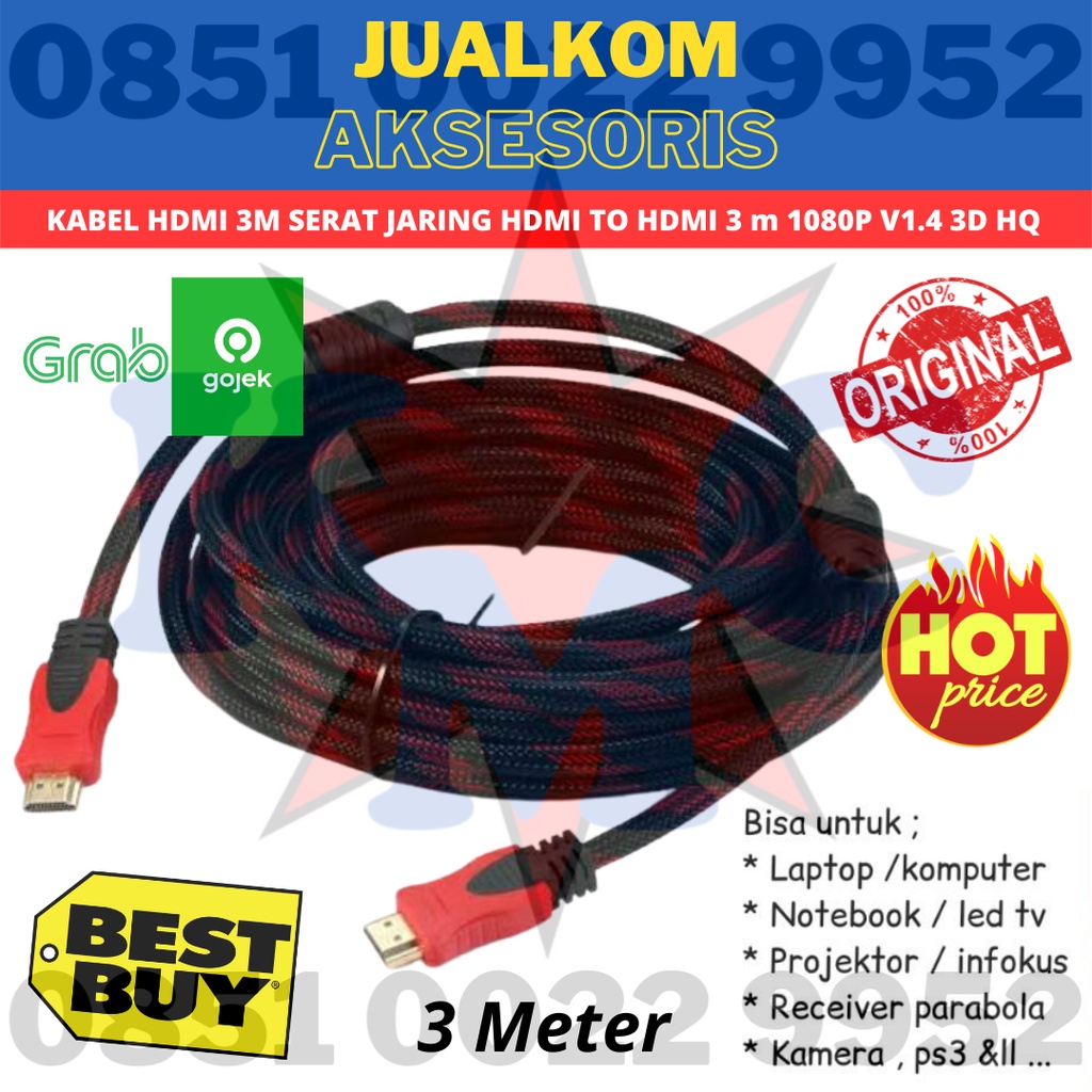 KABEL HDMI 3M SERAT JARING HDMI TO HDMI 3 m 1080P V1.4 3D HQ