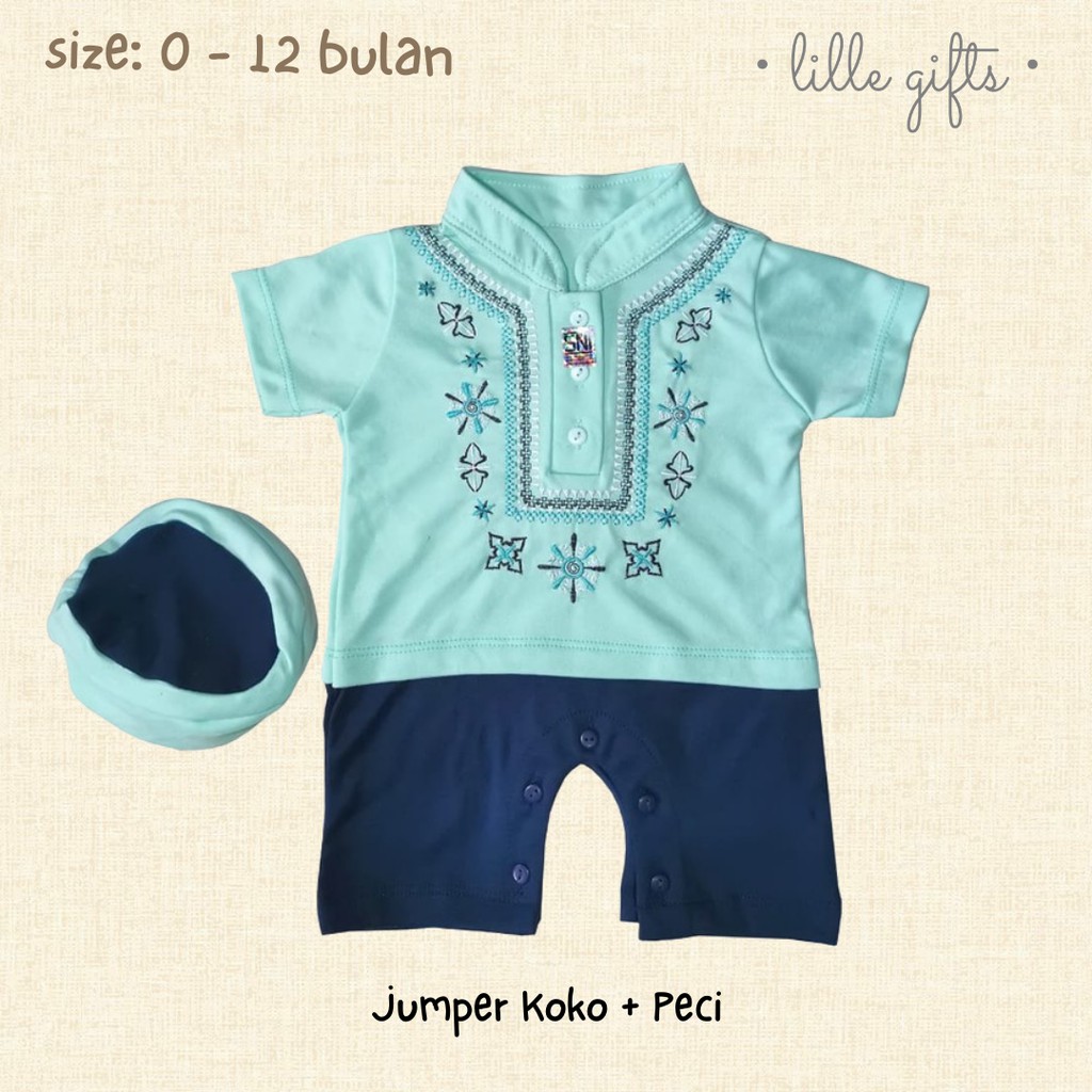 Koko Set - Setelan Baju Muslim Jumper Peci Bayi Laki-Laki - Size 0-12 Bulan - Lillegifts