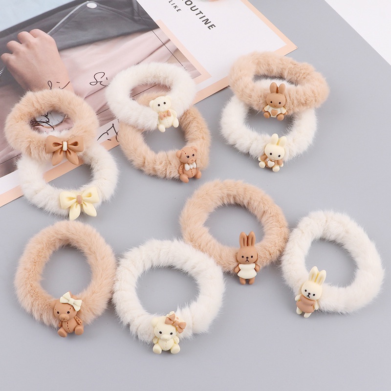 COD❤️Jepit Rambut Lucu Kecil Korean Fashion Wanita Cute Plush Hair Loop Kelinci Beruang Bentuk Busur Karet Karet Elastis-A.one