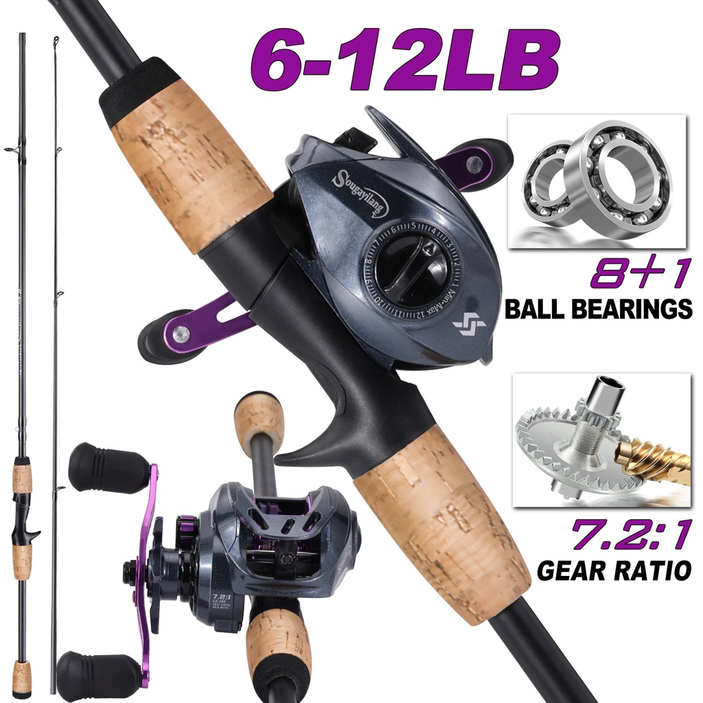 pancing 1 set lengkap kuat Set Tongkat &amp; Gulungan Pancing 1.8m 2.1m 2 Bagian Casting Tongkat Pancing dan 18 + 1 BB 7.2:1 Rasio Gear Rem Magnetik Ungu Baitcasting Reel Memancing Baris Lure Combo Set