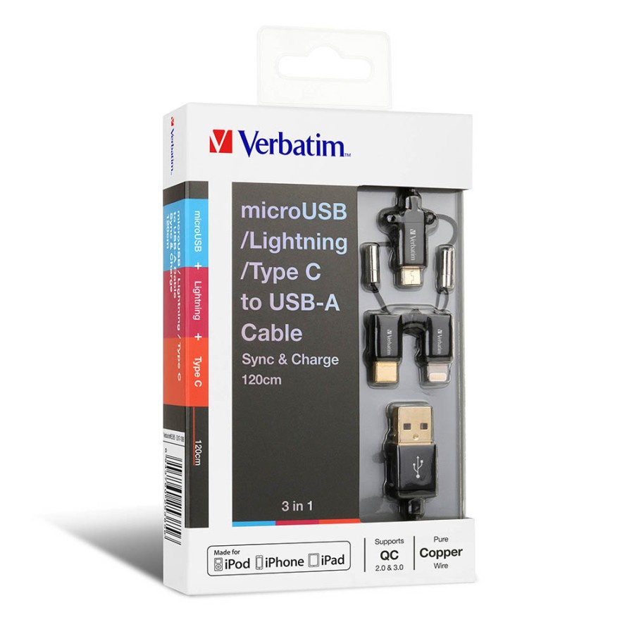 Kabel Data Verbatim 3in1 Micro, USB-C, Lightning to USB A 120cm- 65385