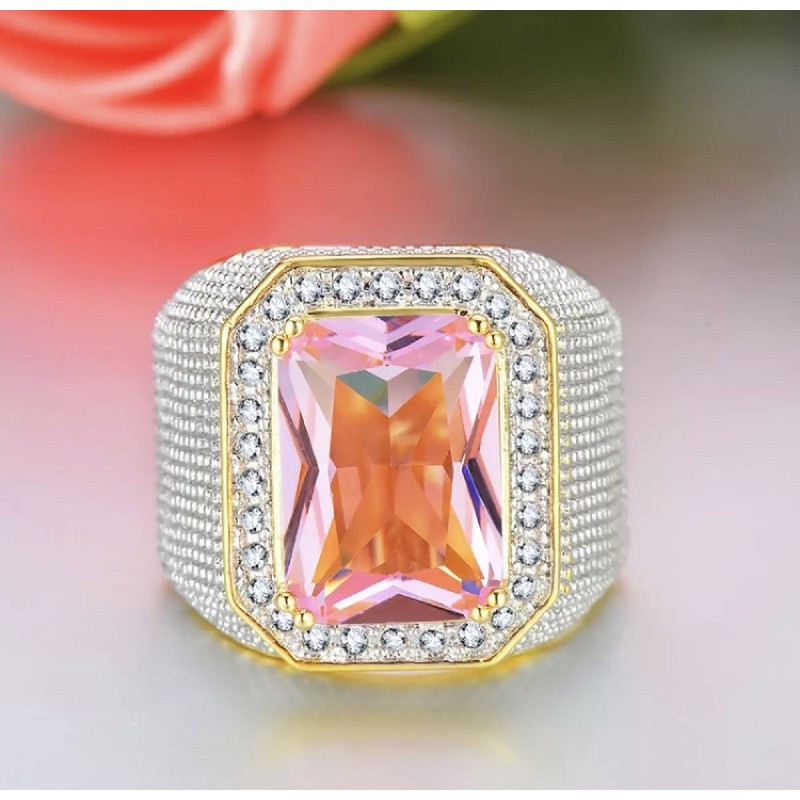 Cincin Pria Mewah Batu Pink Saphire Safir Merah Muda Gold Platted