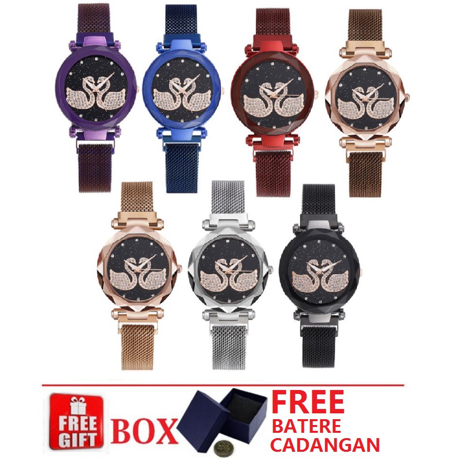 Jam Tangan Magnet Angsa TWO SWAN + FREE BOX &amp; BATERE CADANGAN Korea Fashion Women's Wrist Mesh Watch