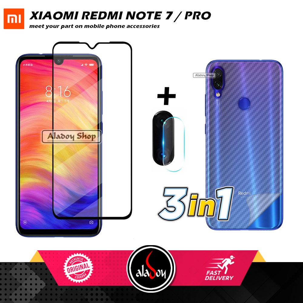 PAKET 3 IN 1 Tempered Glass Layar Xiaomi Redmi Note 7 Free Tempered Glass Camera dan Skin Carbon