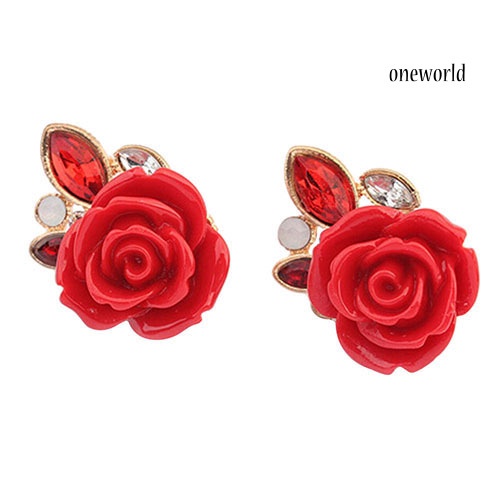 OW@ Women's Retro Elegant Rose Flower Rhinestone Inlaid Ear Studs Earrings Gift