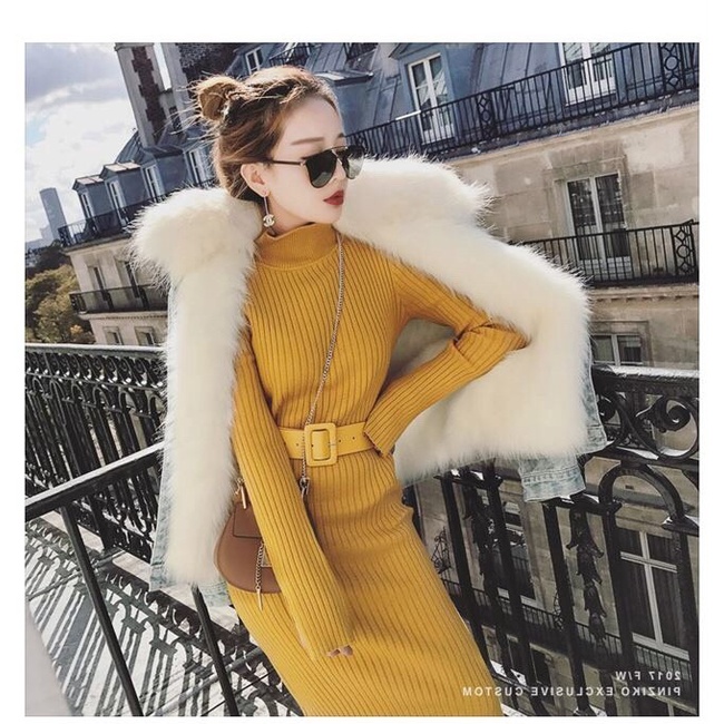 Dress Rajut Panjang Winter Knit Turtleneck dress women with belt