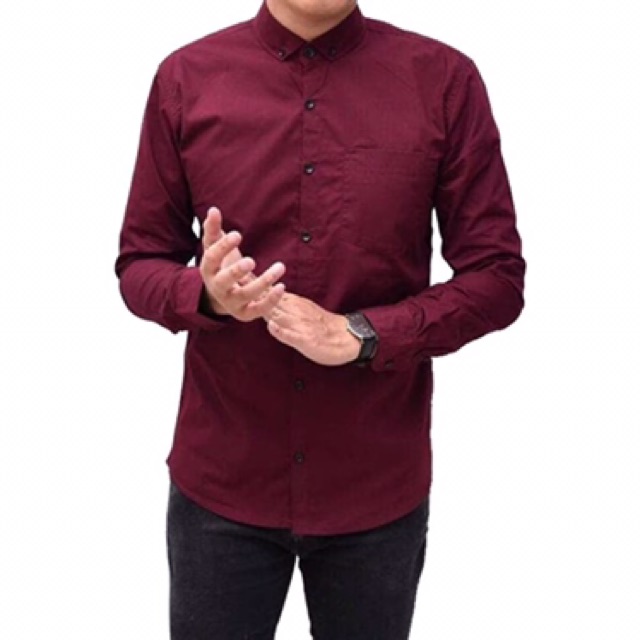 Kemeja Formal Pria Polos Lengan Panjang Bahan Katun - Maroon