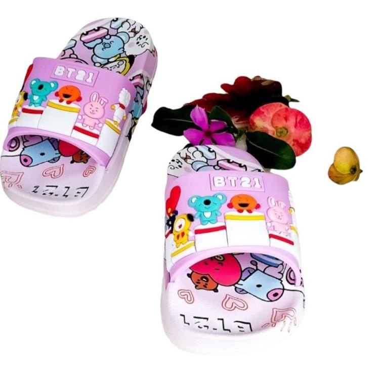(TERLARIS) SENDAL SLOP KARET ANAK PEREMPUAN TERBARU,SANDAL ANAK  BT21 NYAMAN DIPAKE MOTIF TERBARU KE