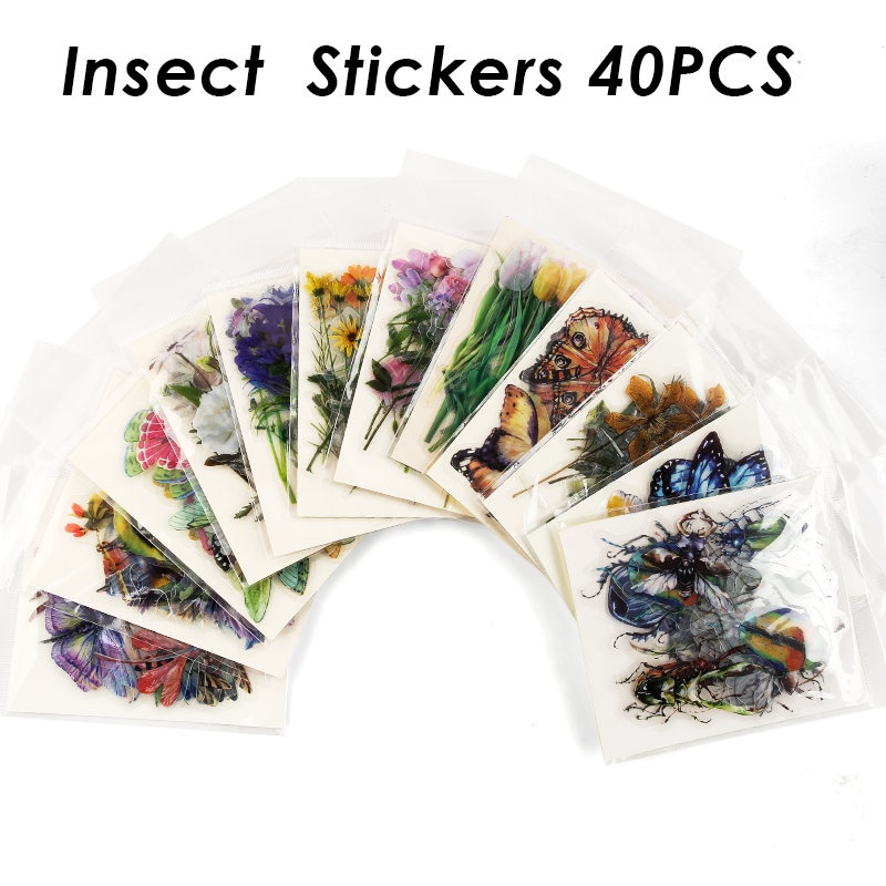 40pcs / Pak Stiker Resin Epoksi Anti Air Motif Hewan / Bunga / Serangga / Tanaman Untuk Dekorasi Scrapbook / Handphone DIY