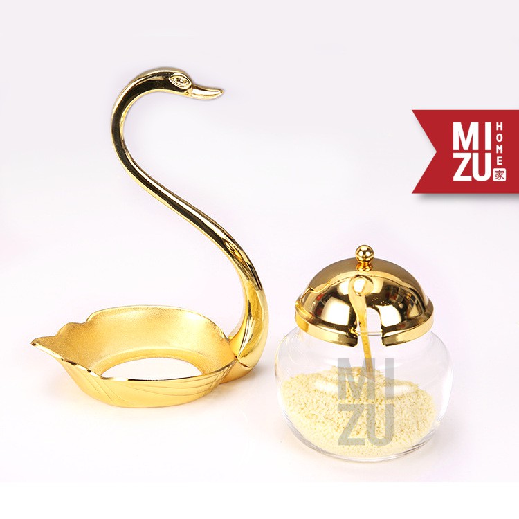 MIZU HARICHO Decorative Sugar Seasoning Glass Jar & Spoon Toples Kaca Snack Gula & Sendok Emas-1