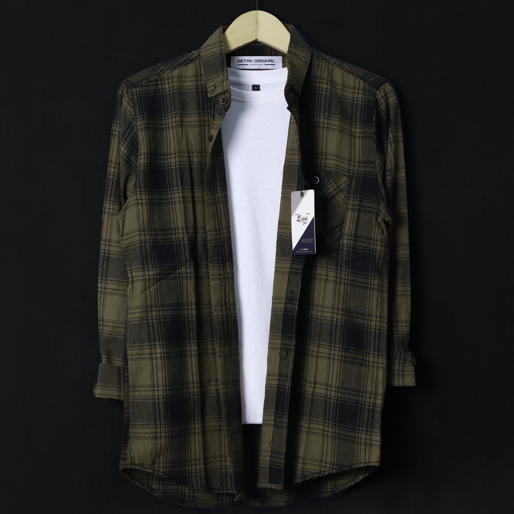 DETAK KEMEJA FLANEL PRIA LENGAN PANJANG MOTIF KOTAK KOTAK ARMY BLACK