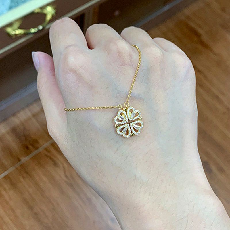 Fourfashion Kalung Titanium Korea Semanggi Hati Emas 18k Berlian 2 Cara Memakai Perhiasan