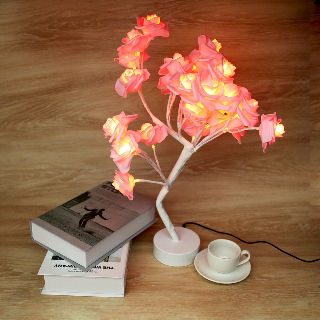 LED Rose Flower Tree Shape Table Lamp/Battery Powered Table Night Light Lights/Wedding Party Bedroom Bedside Desk Decoration Lighting Lamp