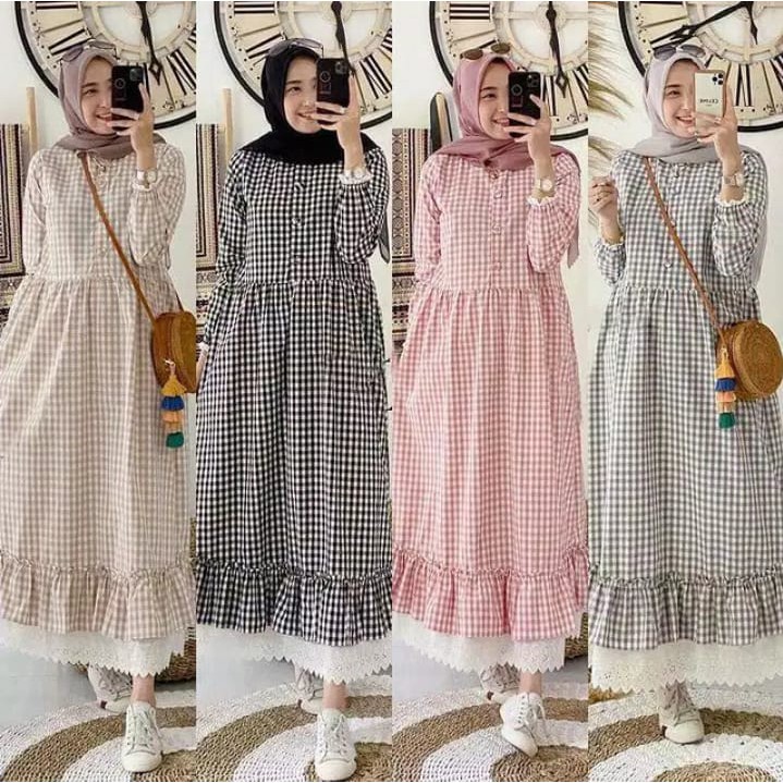 ZELINE DRESS - GAMIS/DRESS MUSLIM/MAXI/BUSUI/Motif KOTAK/ZELIN MAXI/DRESS RENDA PREMIUM