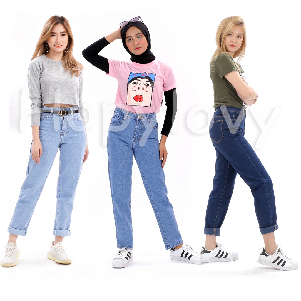 HOPYLOVY Celana  Boyfriend  Jeans Wanita BF Polos  Plain 