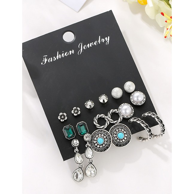 LRC Anting Set Fashion Silver Geometric Stud Earring Set With Diamonds And Turquoise Flowers D73678