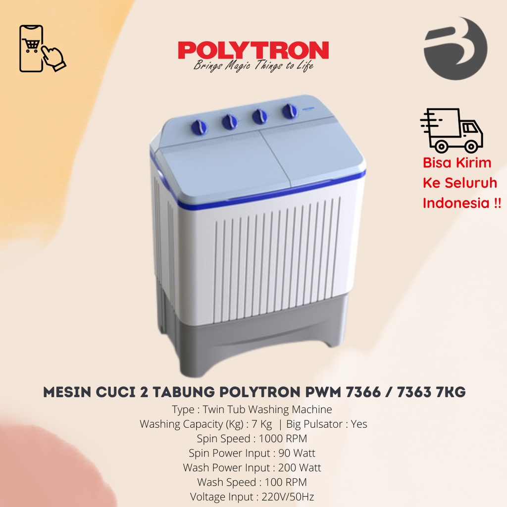 MESIN CUCI 2 TABUNG POLYTRON PWM 7366 / 7363 / PWM7073 7KG