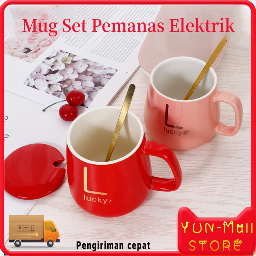 【COD+Pengiriman Cepat】YUN Mall Mug gelas keramik huruf inisial lucky + penghangat listrik / set cangkir pemanas kopi teh / set gelas keramik penghangat minuman