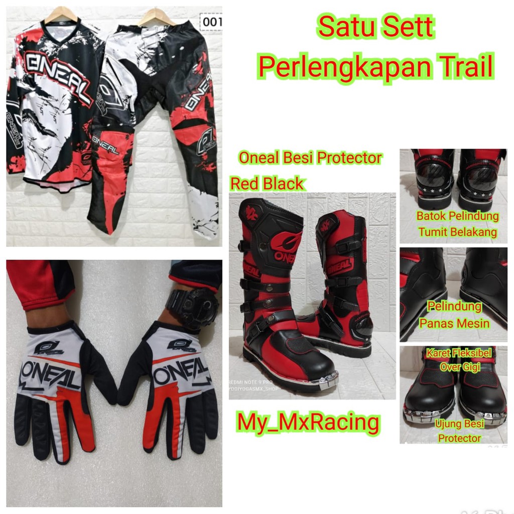 jerseyset cross , sepatu trail &amp; sarung tangan motor cross trail FULSET oneal merah hitam