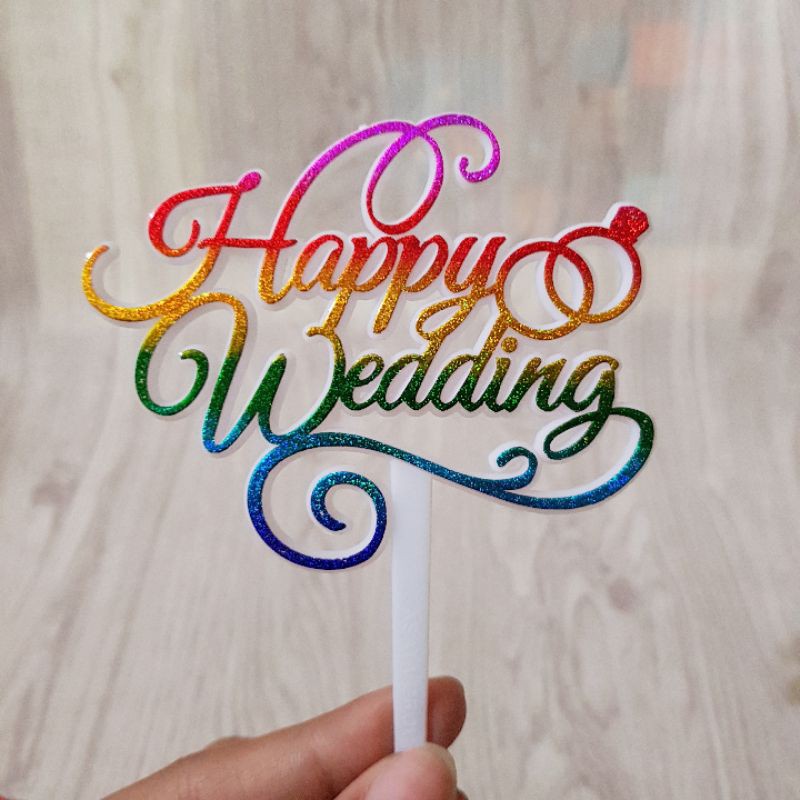 TOPPER HAPPY WEDDING GOLD DAN RAINBOW METALIK / PERLENGKAPAN PESTA AKSESORIES HIASAN KUE