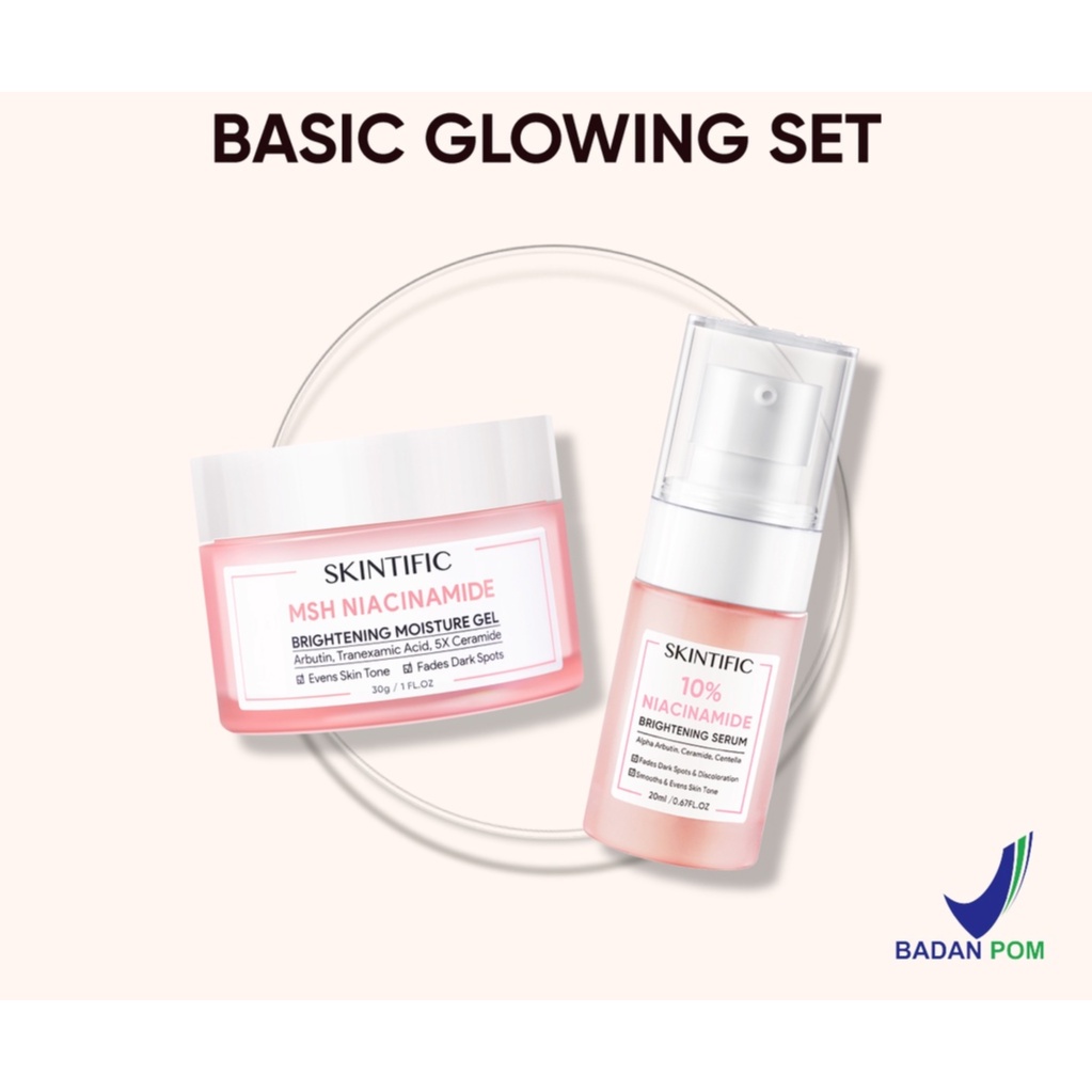 SKINTIFIC Glowing Set - 10% Niacinamide Brightening Serum 20ml + MSH Niacinamide Brightening Moisture Gel 30g Krim Pemutih Pelembab