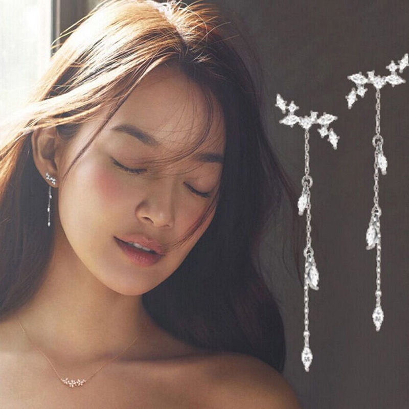 [FULLのJY] Women Long Korean Style Tassel Leaves Ear Stud Drop Dangle Hook Earrings