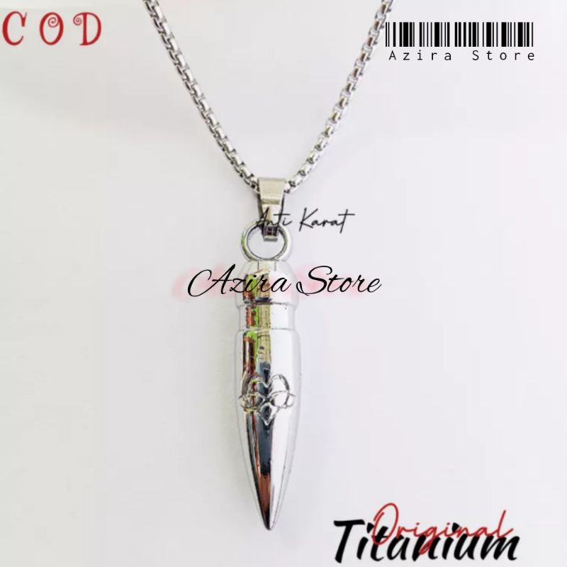 Kalung Cowo Keren Kalung Titanium Rantai Kotak Silver Plus Bandul Peluru Scop Anti Karat Selamanya