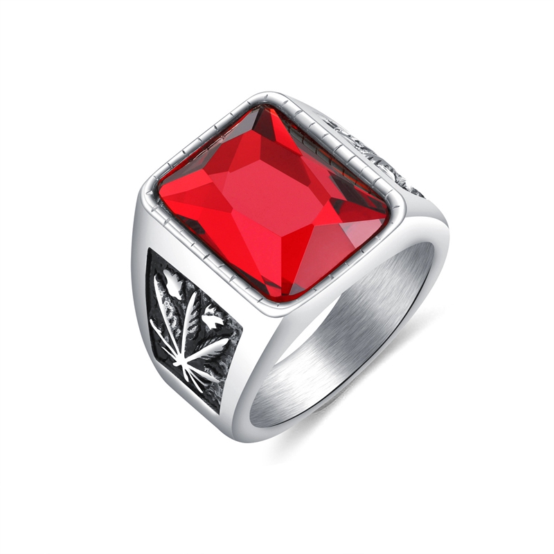 Pria Rubi Baja Titanium Merah hitam Kristal Batu permata Perhiasan Fashion Daun maple Cincin Rings