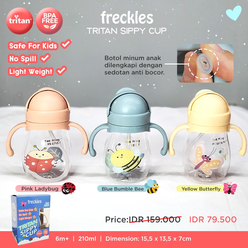 Freckles Tritan Sippy Cup 210ml 6m+ Botol Minum Anak Bayi Kecil AntiSpill Sip Bottle Training Handle