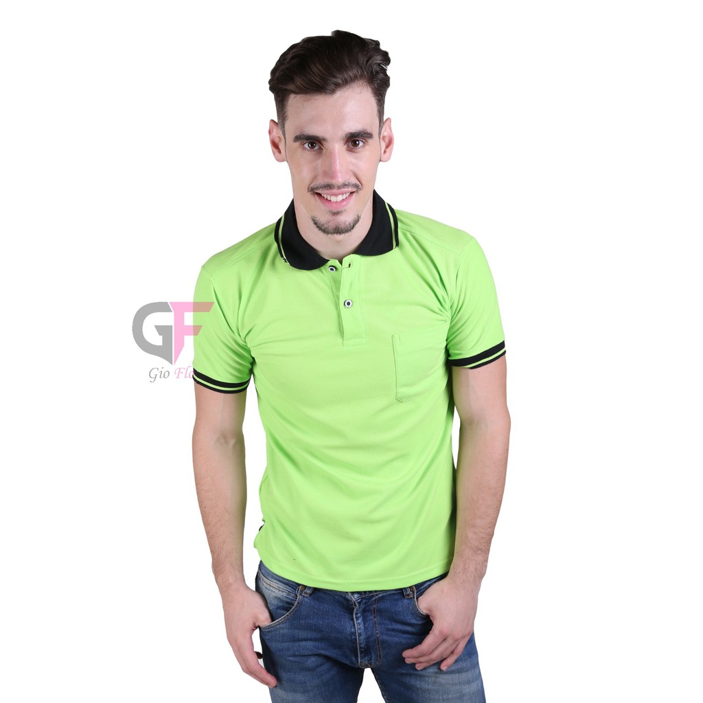 GIOFLO Atasan Casual Pria Polo Shirt Panjang Hijau Stabilo Kerah Hitam / PLS 14