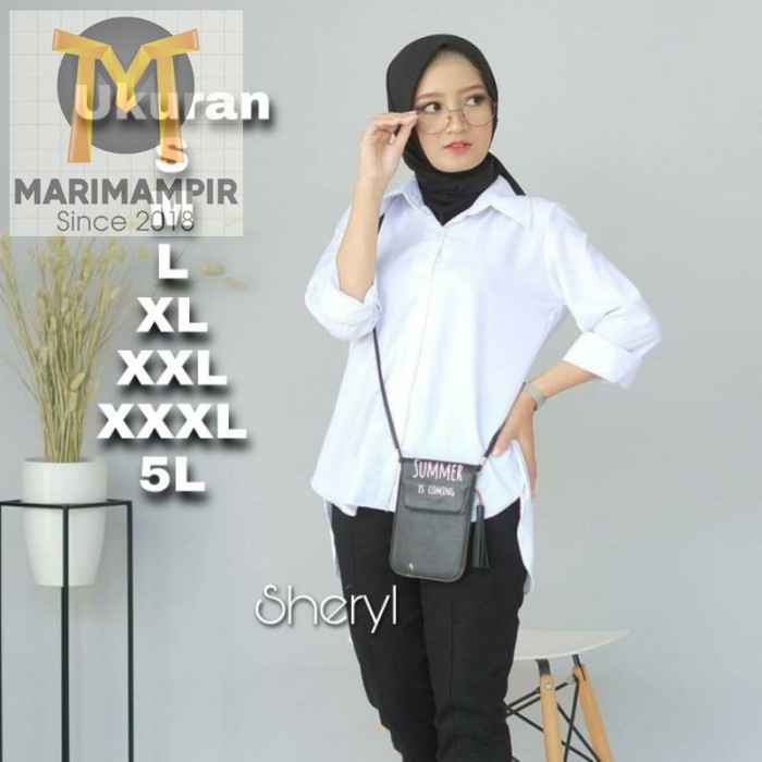 Marimampir Baju Atasan Kemeja Putih Wanita Blouse Polos Jumbo Oversize Ld 120 - 2XL, Putih