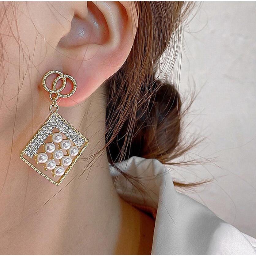 925 jarum perak geometris persegi buatan mutiara anting-anting retro sederhana temperamen earbud fas