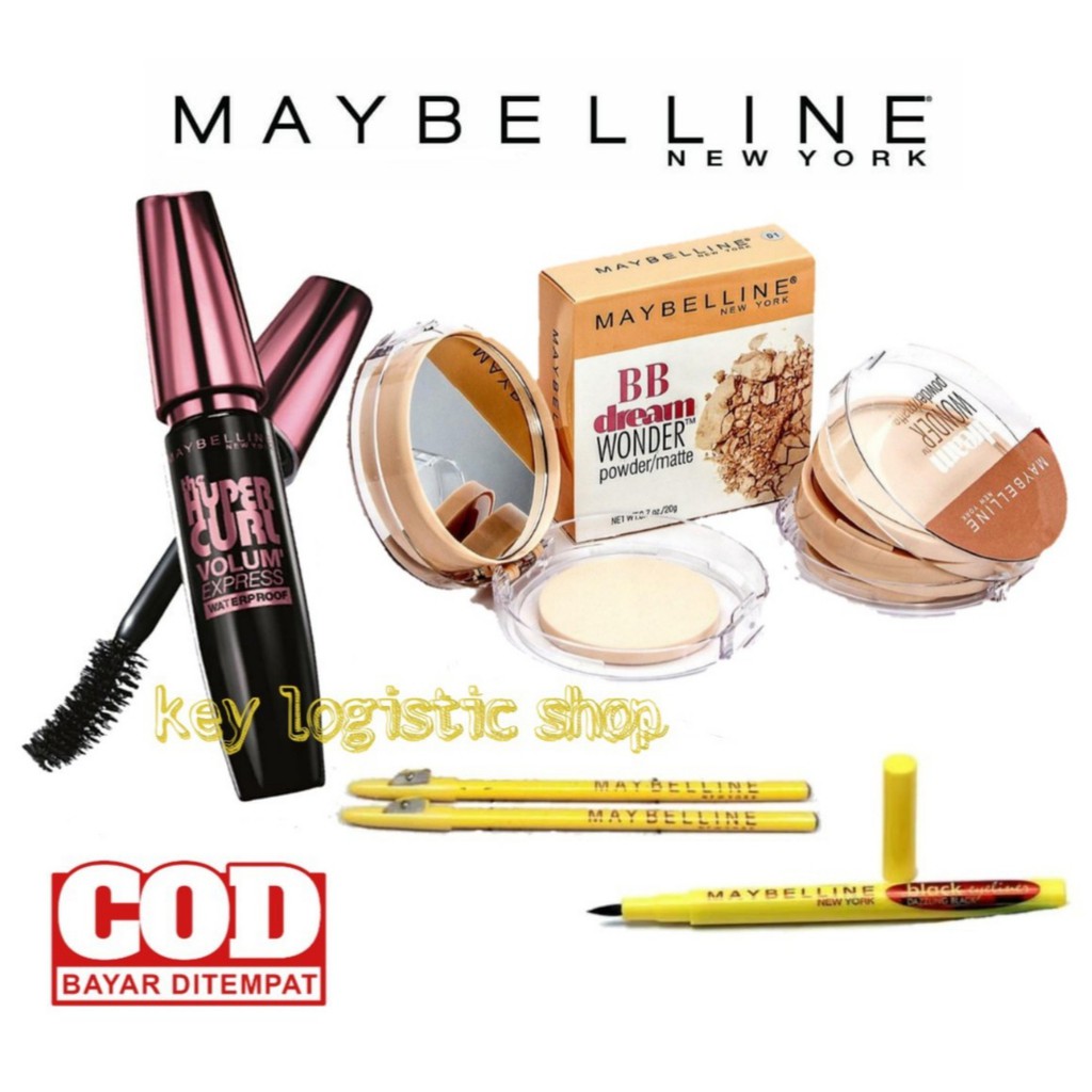 Paket kosmetik maybellin 4in1 - Paket makeup kumplit - Maskara - Eyeliner - Pensil Alis - Bedak