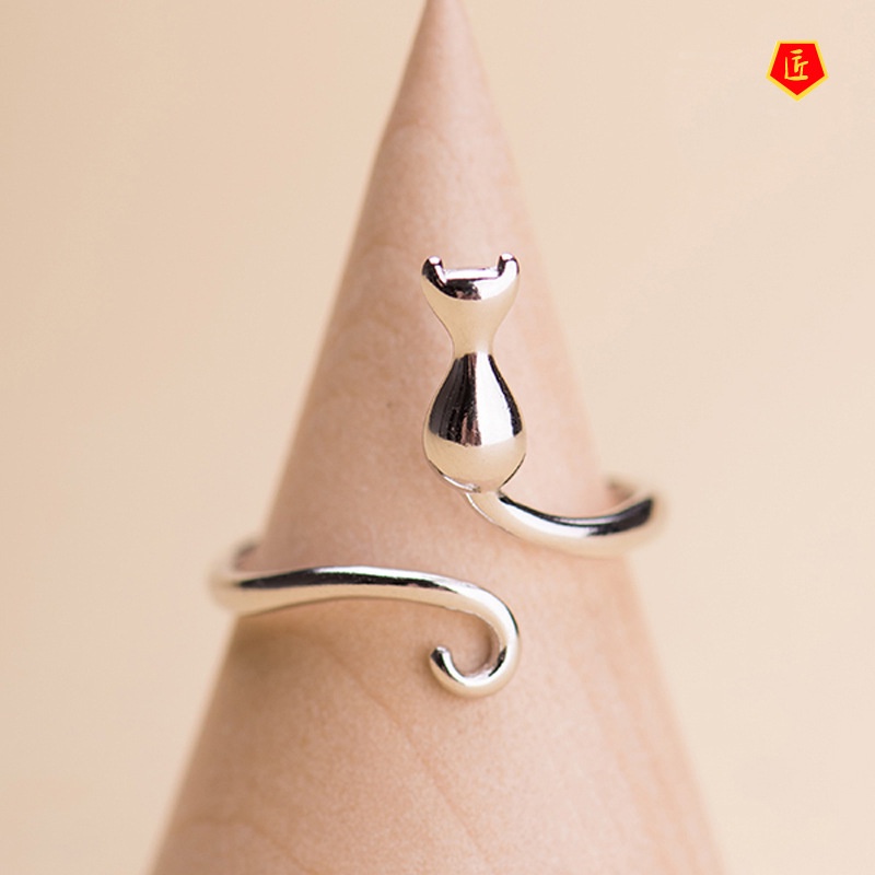 [Ready Stock]Cute Cat Kitten Tail S925 Silver Ring Women's Creative Arts Temperament