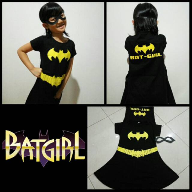 Dress Kostum Bat Girl Anak Cewek Superhero Cosplay Karakter Halloween Topeng Sayap