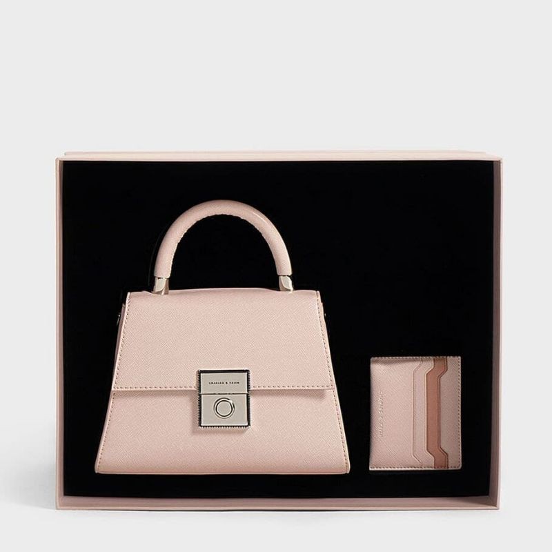 CK Valentine GIFTSET : Metallic Push-Lock Top Handle Bag and Card Holder