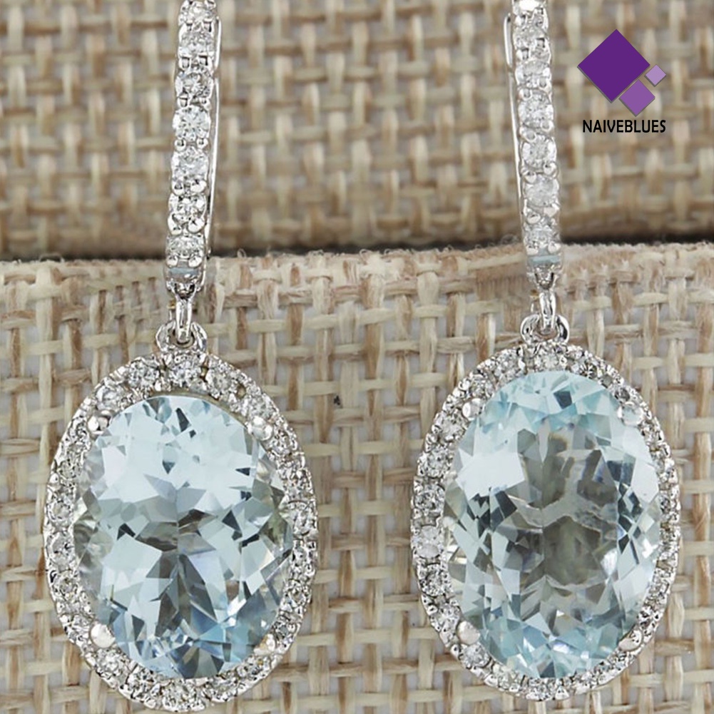 Anting Juntai Bentuk Oval Aksen Aquamarine Tiruan Untuk Wanita