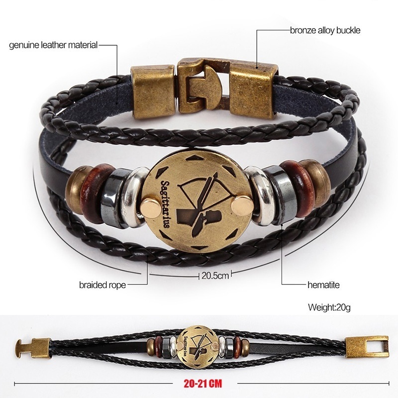 [Z H Perhiasan] Hip Hop Rock Retro Pria Fashion Stainless Steel12Rasi Bintang Multi layer Gelang Kulit Pesta Perhiasan Aksesoris