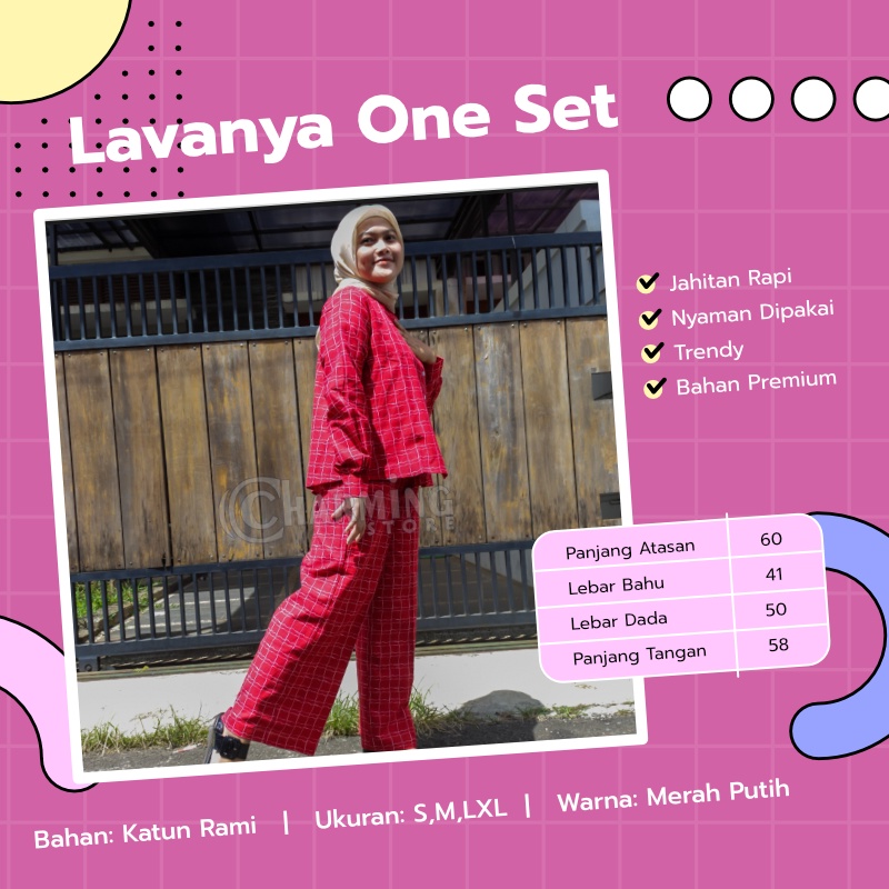 Heidar - Lavanya One Set Bahan Katun Rami Motif Kotak-Kotak Warna Merah dan Putih Ukuran S M Oneset 