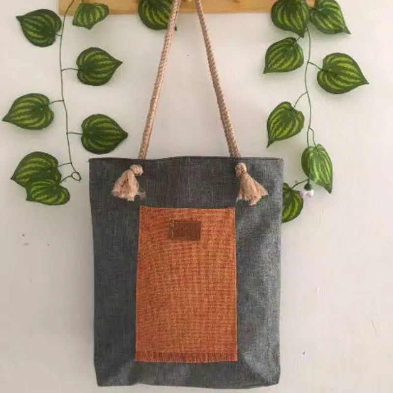 Totebag denim Tote bag tali sumbu- tas selempang denim tali sumbu- tas pria-tas wanita