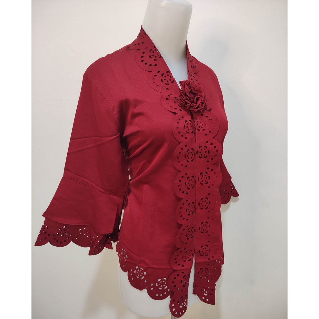 Atasan Kebaya Encim Modern Aneka Warna Broken White | Putih Cerah | Hitam | Kuning | Maroon|Abu|Coklat / Kebaya Wisuda Mewah / Kebaya Akad Nikah Kekinian / Kebaya Moderen Kondangan Jumbo Aldora-Maroon