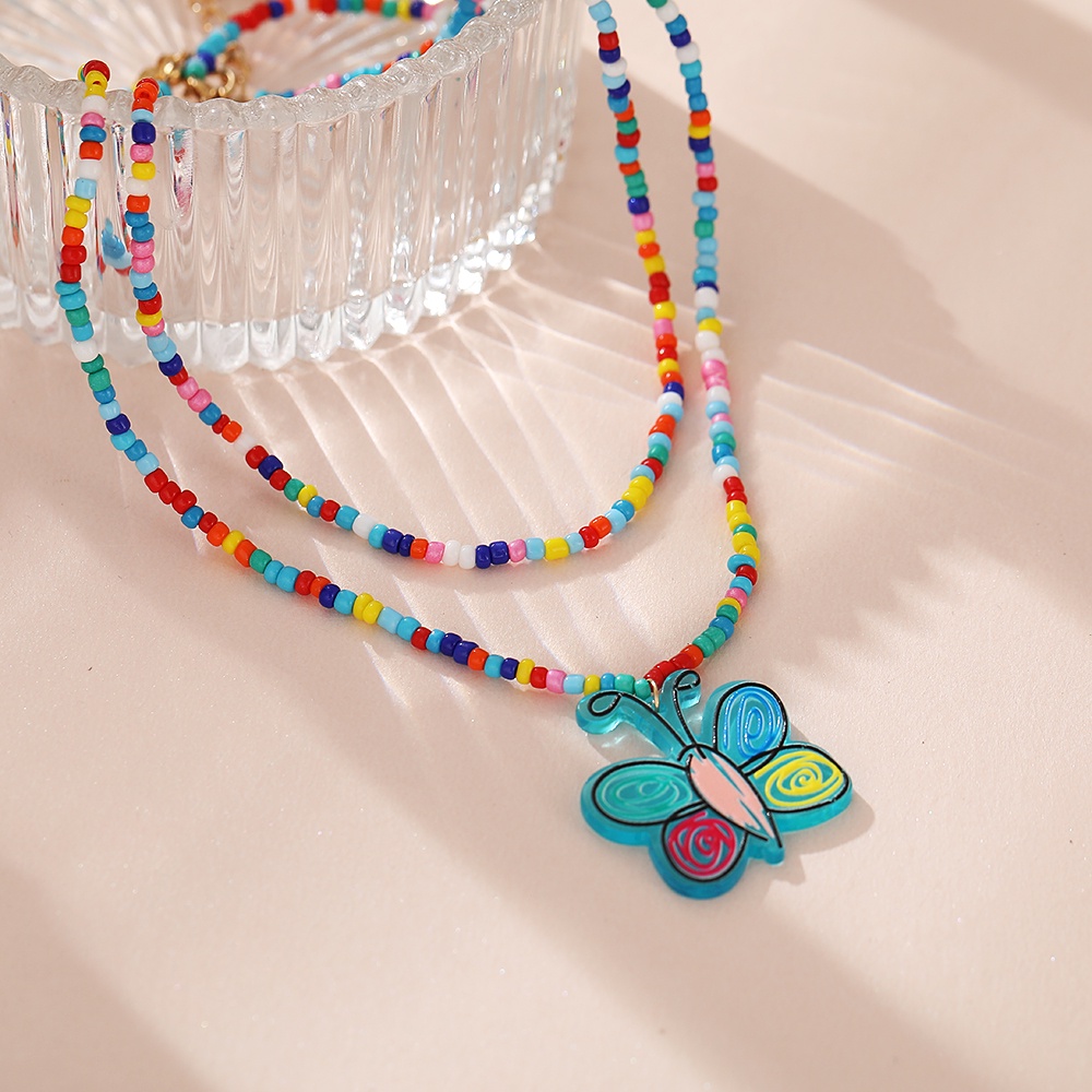 YEEZII Fashion Beads Necklace Colorful Butterfly Flower Pendant Chain Necklaces Bohemian Multilayer Choker Necklace for Women Accessories Jewelry